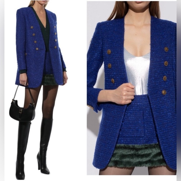 RARE Saint Laurent collarless blue tweed long blazer jacket NWT - Picture 3 of 14